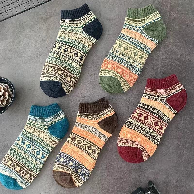 Men's Socks, Retro Ethnic Style Boat Socks, Double Spring and Autumn Short Socks, Thick Thread Trendy Socks, Sweat-absorbing Cotton Socks
