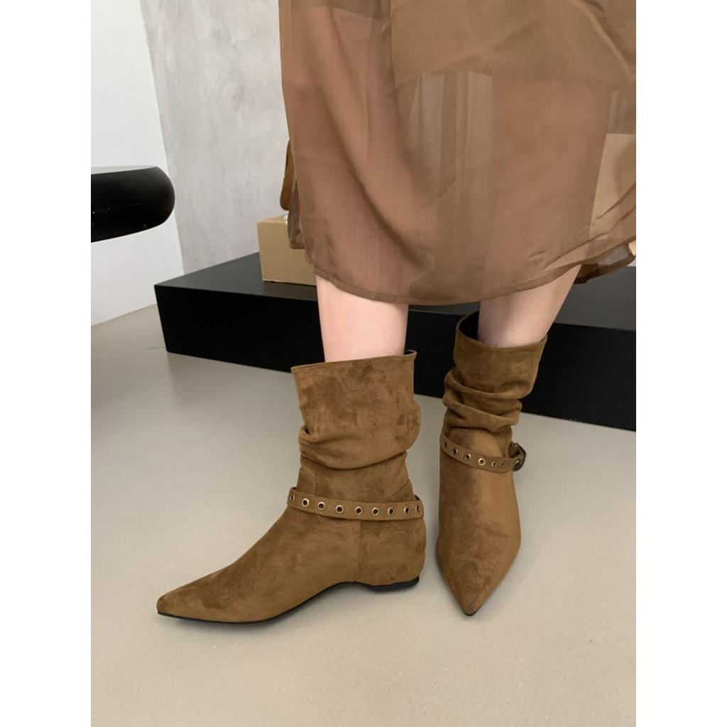 2025 New Pointed Rivet High Heel Short Boots Versatile Medium Tube Bare Boots Suede Western Cowboy Boots Fashion Short Boots Women
