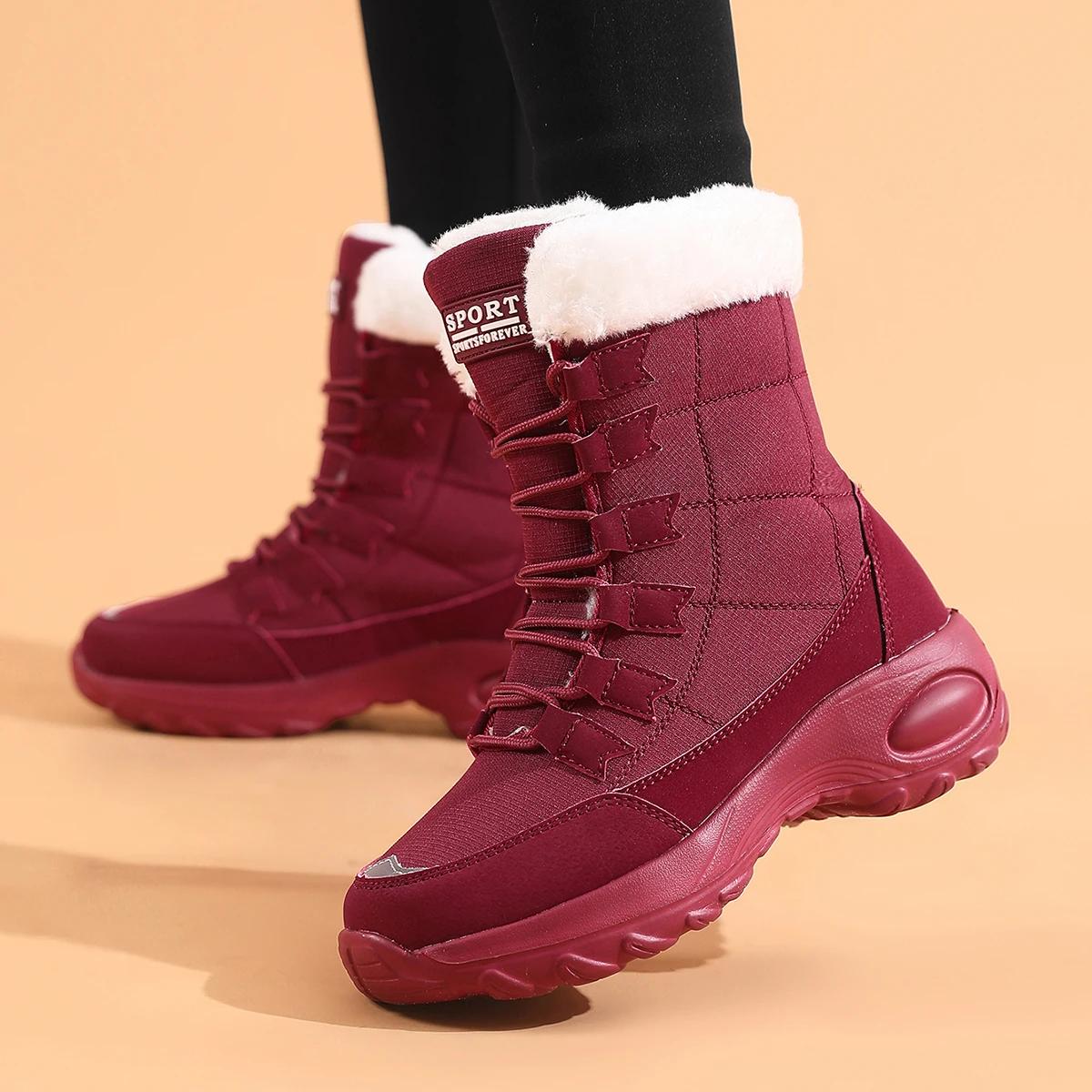 

Модные женские зимние ботинки из хлопка, зимние теплые ботинки на толстой подошве со шнуровкой, удобные плюшевые водонепроницаемые нескользящие повседневные зимние ботинки 36 красный