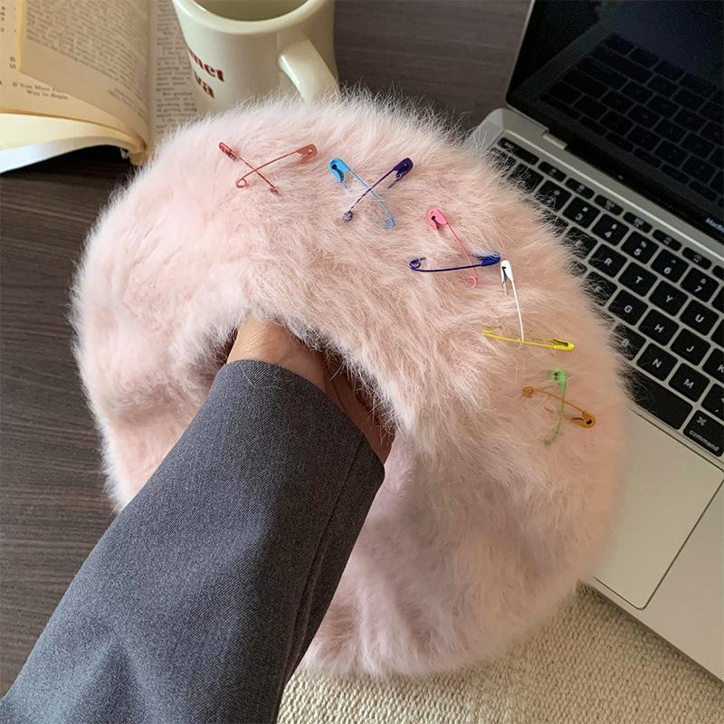 Hat Women's Autumn and Winter Plush Hat Cute Beret Women's Pin Dopamine Knitted Painter Hat