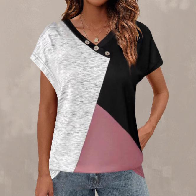 New Summer Two-tone V-neck Button-decorated Casual Short-sleeved Top