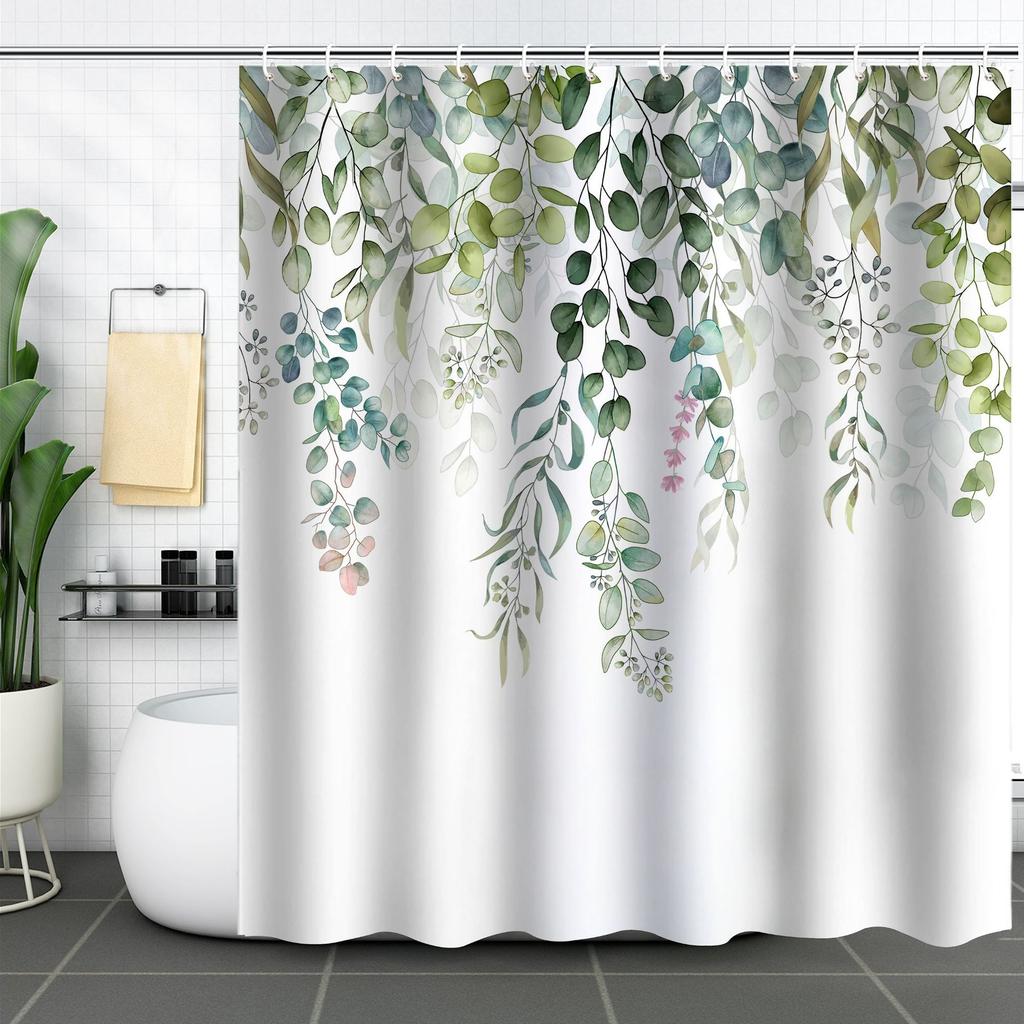 Green Plant Waterproof and Mildew-proof Polyester Bathroom Shower Curtain Shower Curtain Partition Curtain Free of Punching