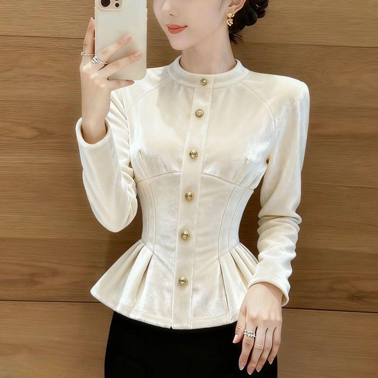 Французский шик Ранняя осень Приталенный бархатный топ - Белый Large слоновая кость/белый