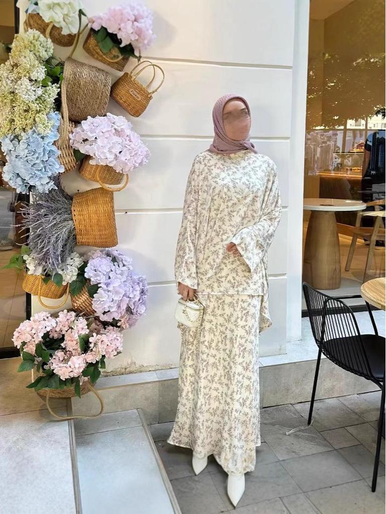 Cross-Border Muslim Women's Batwing Sleeve Top & Sweet Print Skirt Two-Piece Set