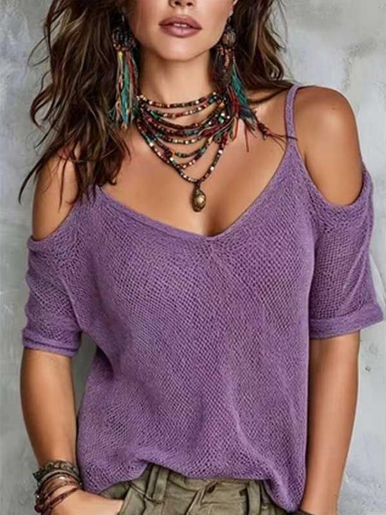 Women S Solid Mesh Cold Shoulder Knit Top Short Sleeve Summer