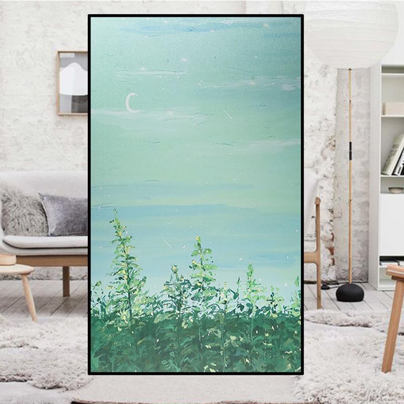 Pastorale Style Oil Painting Window Film Small Fresh Plants Glass Sticker Privacy Protection Static Stained Glass Films Decor