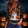 Women's Casual V-Neck Three-Quarter Sleeve Top with Halloween Print