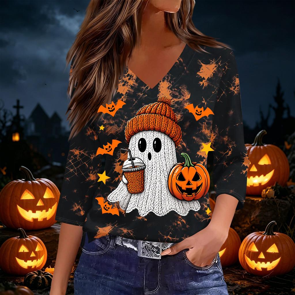 Women's Casual V-Neck Three-Quarter Sleeve Top with Halloween Print
