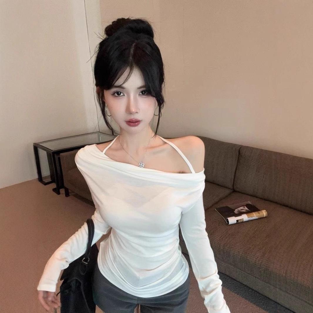 

Spicy Girl One-Shoulder Halter Slim-Fit Long-Sleeve Top - Flattering Autumn Design for Women L - Premium Quality белый