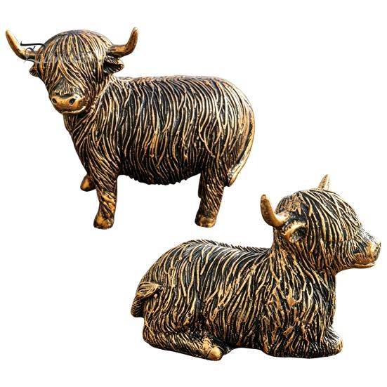 Vintage Copper Finish Garden Art Highland Yak Resin Figurines, Bronze Animal Statues, Weatherproof Sitting Set Farmhouse Decor for Living Room