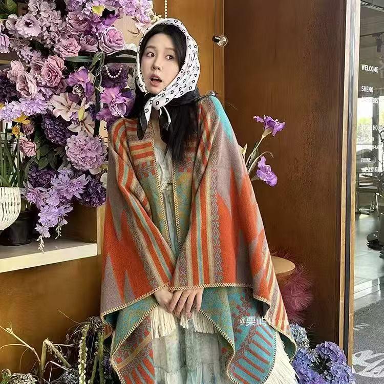 Ethnic Style Knitted Shawl Pullover Cape - Women's Warm Travel Cloak