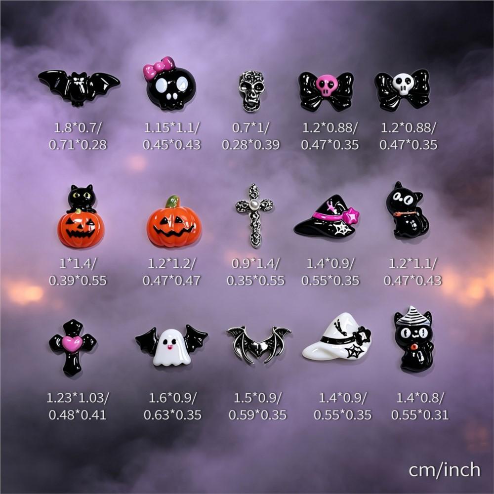 15grid/90pcs 3D Cute Halloween Pumpkin/Skull/Ghost/Cross Nail Gems Black Cat Bow Bat Nail Charms Resin Flatback Halloween Nails