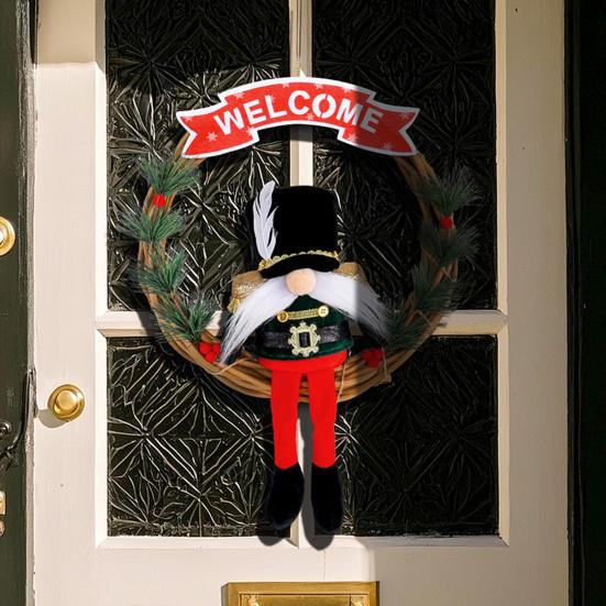 Christmas Gnome Wreath 13 Inch Artificial Vine Wreath with Soldier Gnome Front Door Welcome Sign for Indoor Outdoor Xmas Home Porch Decor