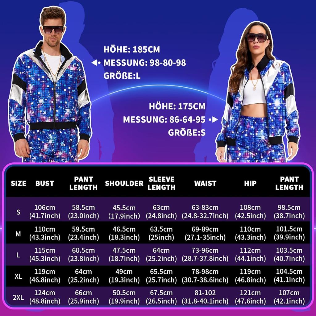 Damen Herren Kostüm 80er 90er Anzug Party Zubehör Disco Jacke Hose Outfit Damen Herren Kostüm Trainingsanzug für Karneval