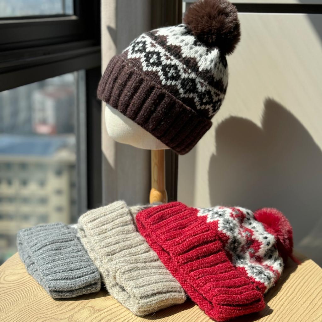 Fair Isle Christmas Woolen Hat for Women Winter Warm and Cute Fur Ball Ear Protection Hat Cold Hat Trend