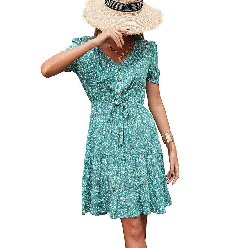 Summer personalized retro sweet bubble sleeve V-neck floral dress