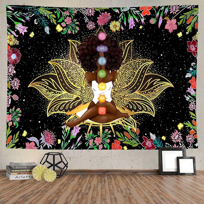 Ine Ive African Chakra Tapestry African American Woman Zen Meditation Tapestries 80x60 Inch Starry Sky Flower Garden Inspirational Afro Yoga Wall Art