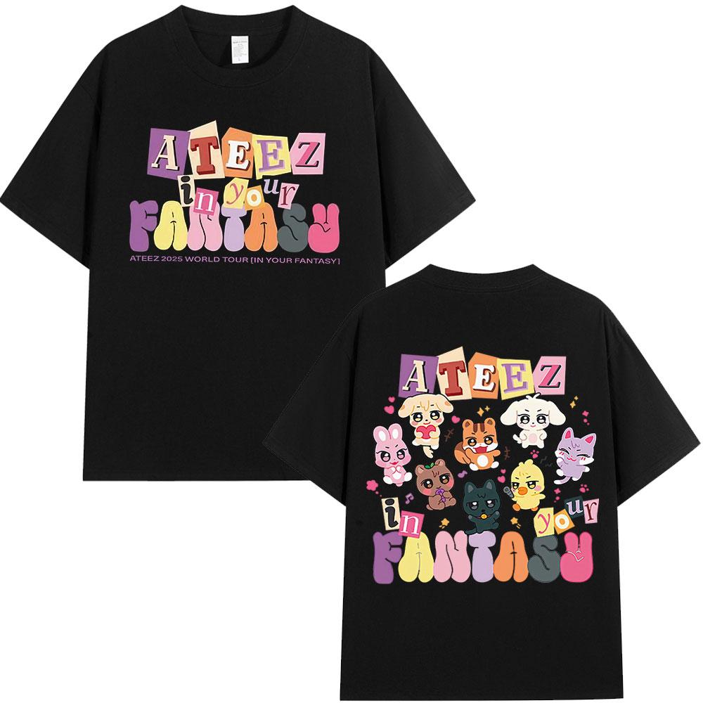 Cute Ateez 2025 World Tour in Your Fantasy T Shirt Fan Gifts Korean Kpop Fashion T-shirt Men Women Cotton Short Sleeve T-shirts