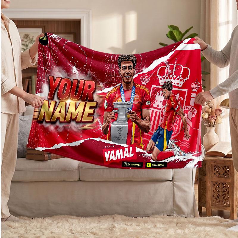 Coperta in pile personalizzata Lamine Yamal con logo del calcio, testo con nome personalizzato, morbida, calda, coperta da divano per la casa