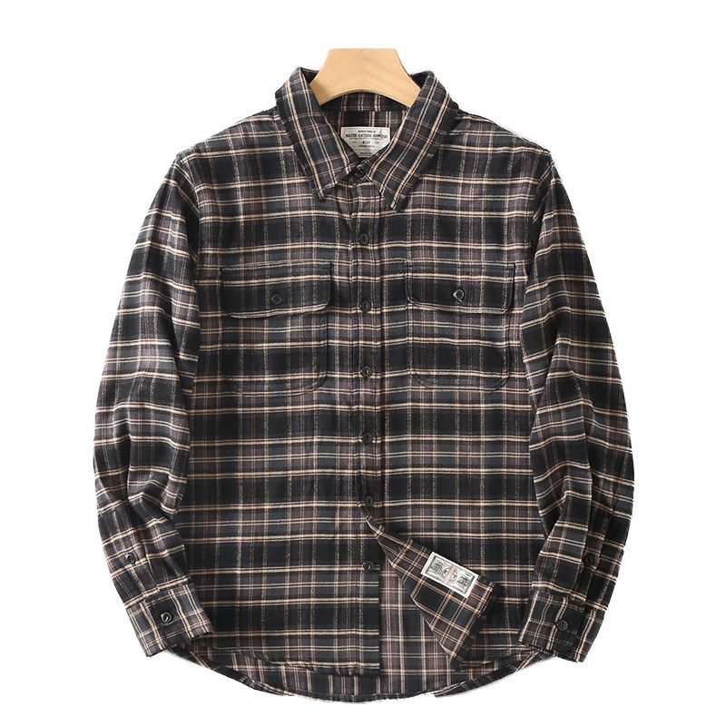 American Retro Brushed Plaid Casual Shirt, Export Cut Label Men's Trendy Workwear Long-Sleeve Shirt Jacket
