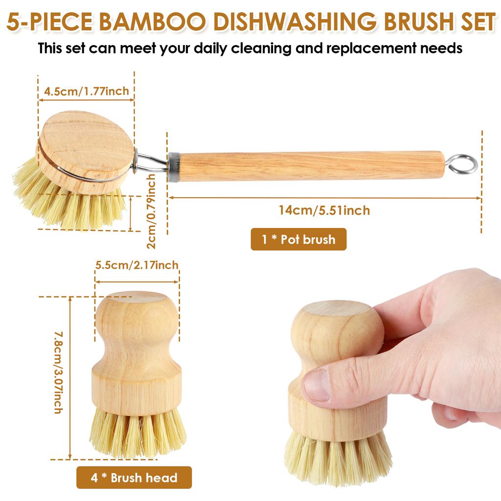 3/5Pcs Wooden Dish Brush Replaceable Long Handle Kitchen Cleaning Brush Set Natural Sisal Scrubbing Brush for Cleaning Pots Pan