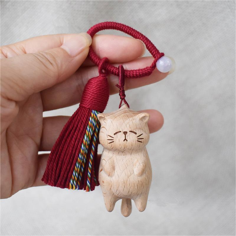 Retro Wooden Cat Keychain Hand Carved Cute Kitty Bag Pendant Charm Tassel Gift Or Women Girl Couple Fashion Jewelry Accessories
