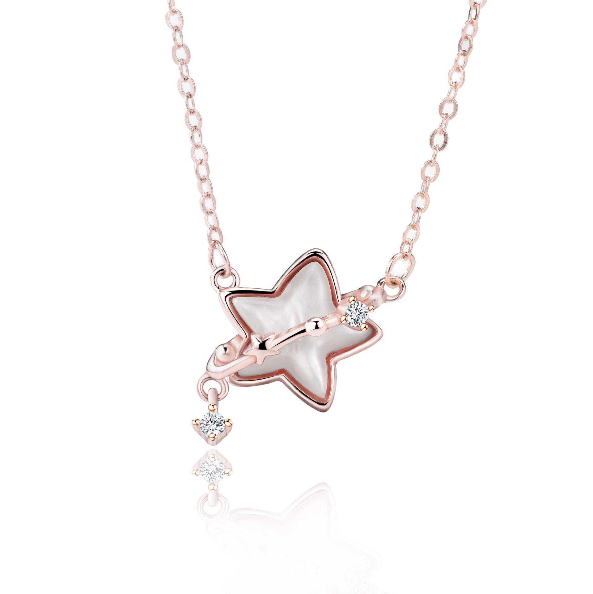 

Sterling Silver Star & Wish Necklace - Women s Luxury Mother-of-Pearl Pendant Clavicle Chain Jewelry 925 Silver