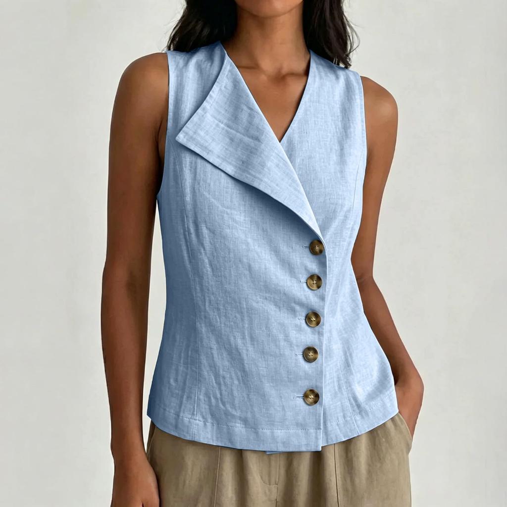 Blusa casual de lino para mujer sin mangas, con botones al frente, cuello en V, ligera, de verano, con cuello asimétrico