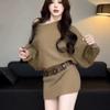 2025 Early Autumn Korean One-Shoulder Long-Sleeve Bodycon Dress - Women's Slimming Waist Sweater Dress