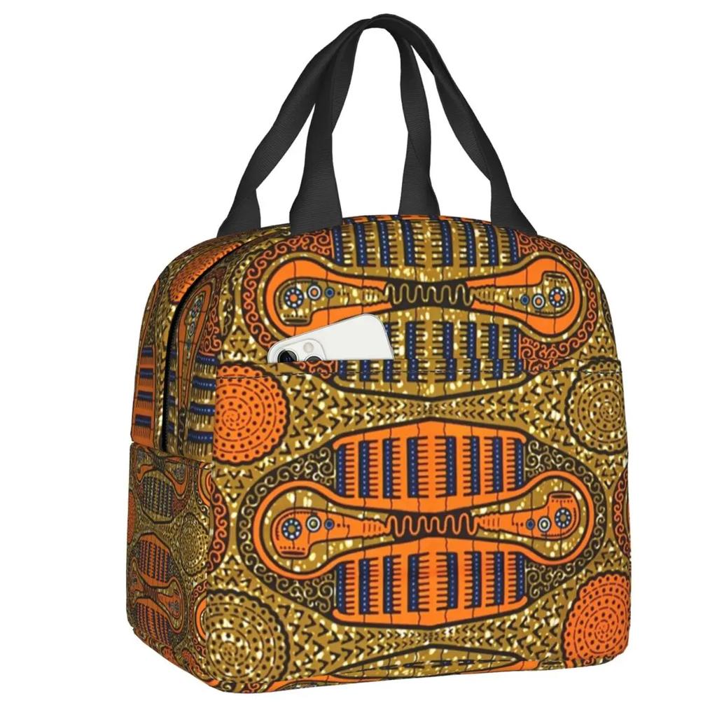 African Tribal Ankara Fabric Style Pink Thermal Insulated Lunch Bags Women Geometric Ethnic Art Portable Lunch Tote Food Box