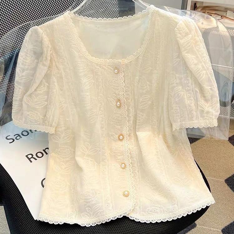 Blouse en dentelle à manches courtes style français pour femme, haut chic tendance, chemise élégante et décontractée