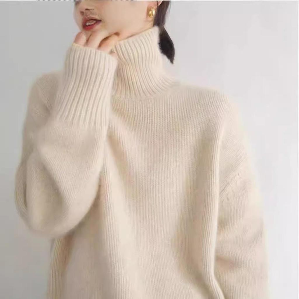 European Style High Neck Loose Wool Sweater – Women's Versatile Solid Color Knitted Sweater
