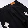 Black Washed Wide Leg Denim Pants With Contrast Cross Patch Embroidery Unisex Streetwear