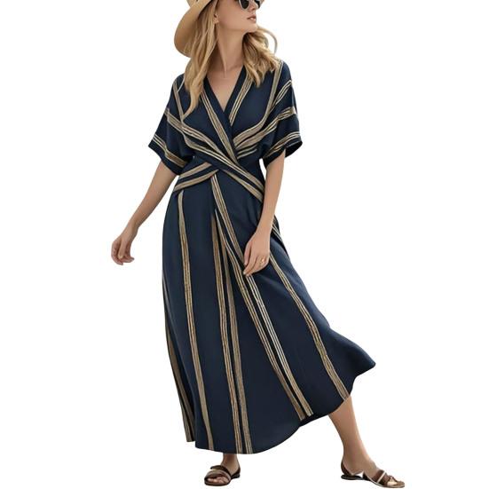 

Summer Maxi Dress for Women Striped Short Sleeve V Neck Swing Dress Casual Beach Vacation Flowy A-line Sundress XL темно-синий