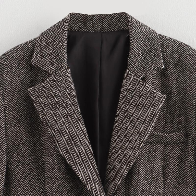 Vintage Lapel Herringbone Suit Coats Women Casual Single-Breasted Pockets Jackets Coat Lady Autumn Chic High Street Outwear