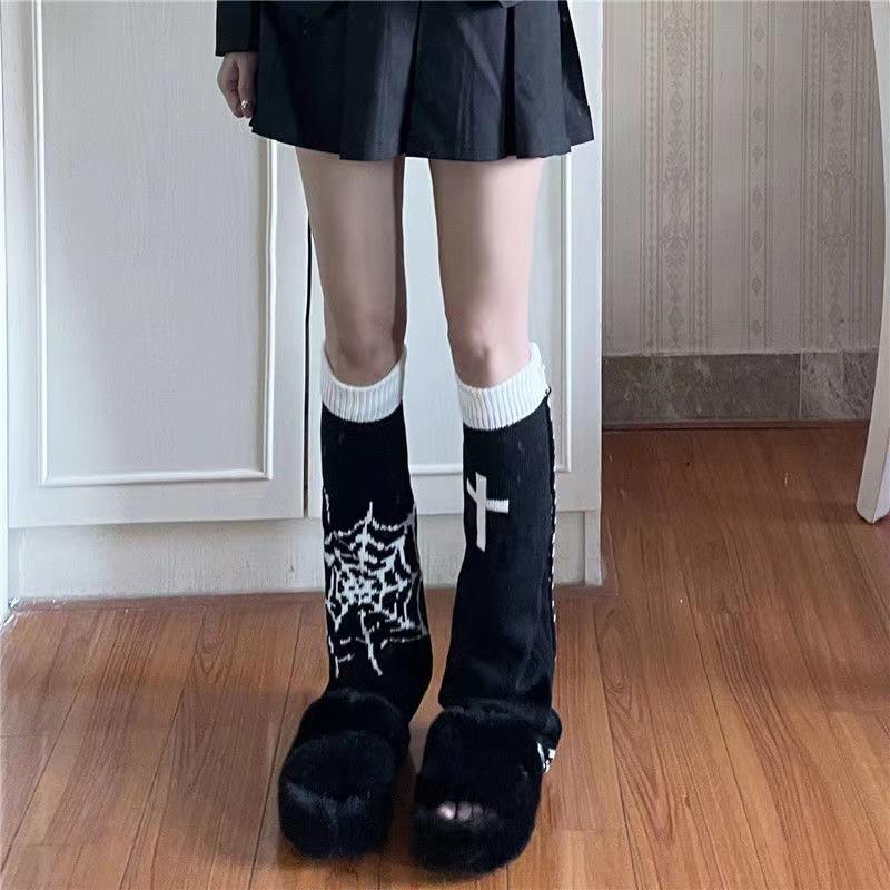 Asymmetric Skull Y2K Knitted Long Warmers: Lolita Wide Leg JK Girl Socks