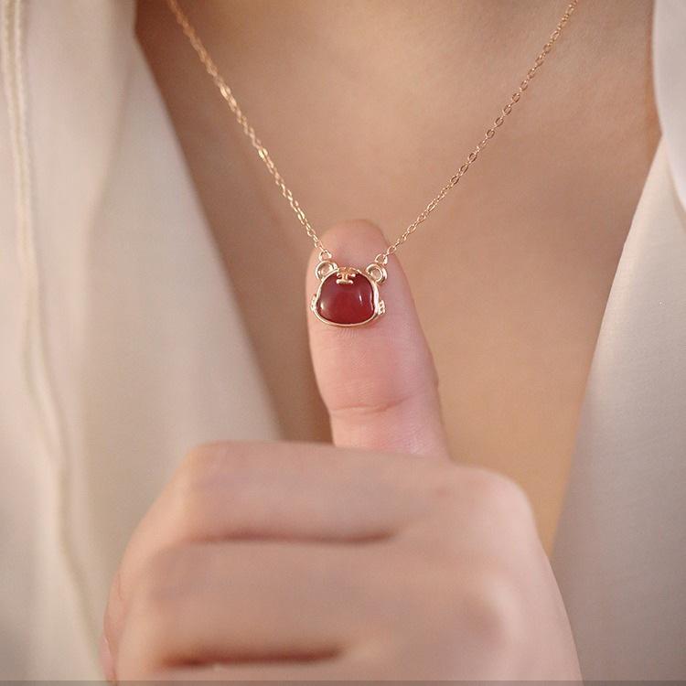 Women's Little Tiger Clavicle Necklace with Red Agate Zodiac Pendant - Year of the Tiger Gift