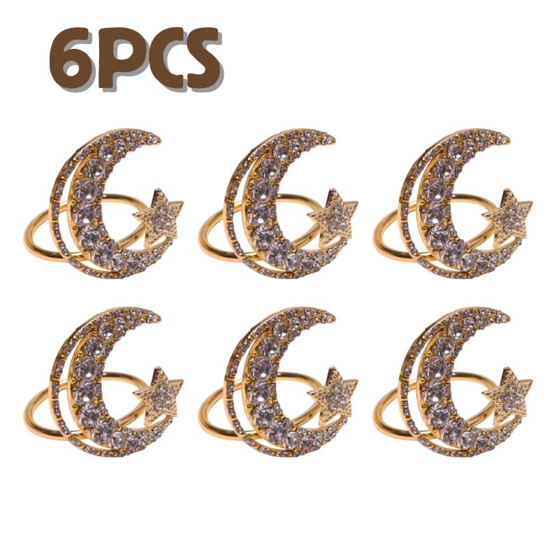 1-30PCS Ramadan Napkin Ring Set Gold Star Moon Design Alloy Crystal Metal Hollow For Holiday Tableware Durable Holder