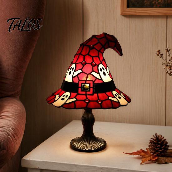 Talos Stained Glass Witch Hat Lamp, Handcrafted Retro Resin USB Powered Gothic Wizard Hats Night Light, Halloween Home Decor Accent Lamps for Bedroom