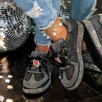 New Thick-soled Fashionable Sneakers for Women with Rhinestone Single Shoes