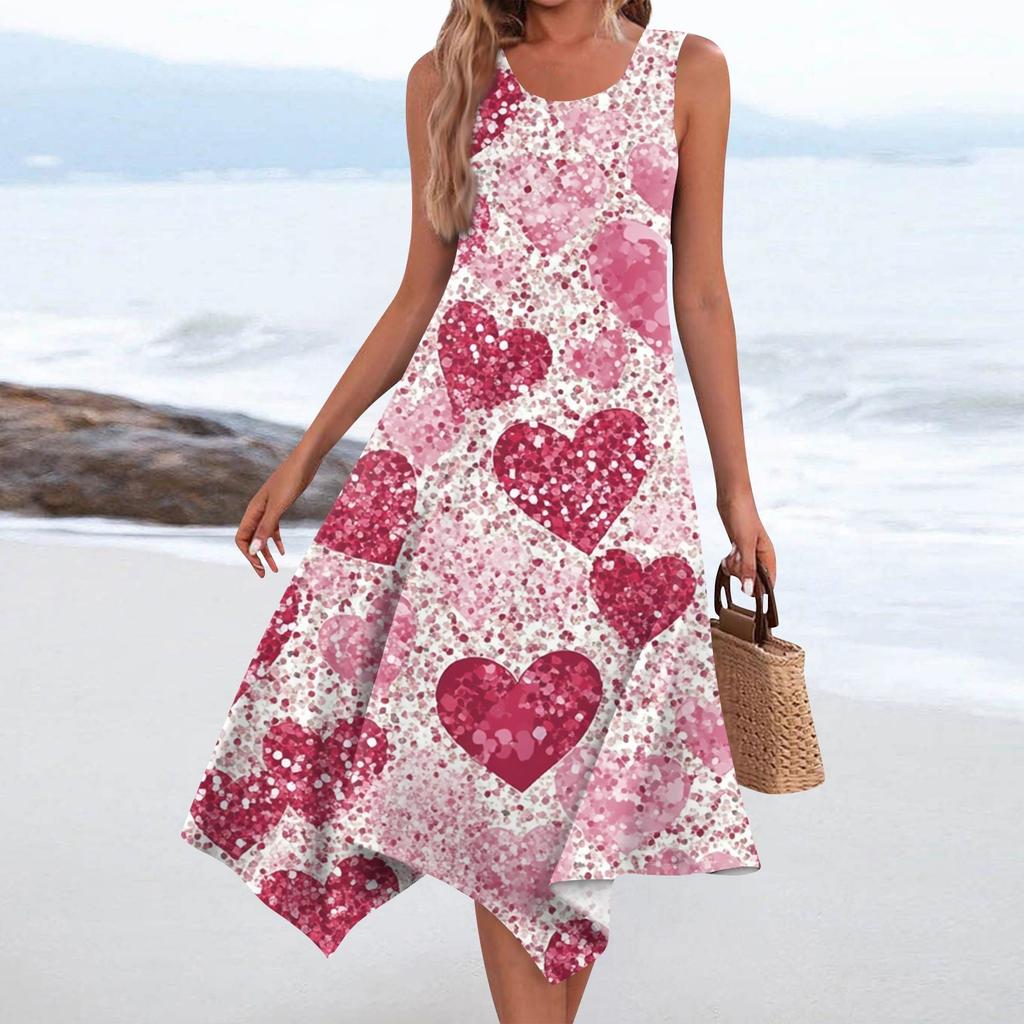 Women's Casual Fashion Round Neck Sleeveless Print Irregular Hem Midi Dress