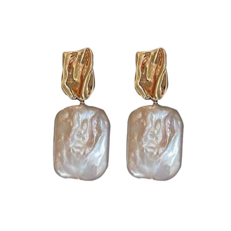 Natural freshwater pearl square earrings, silver needle earrings, light luxury women, minimalist vintage irregular baroque earrings, high-end summer