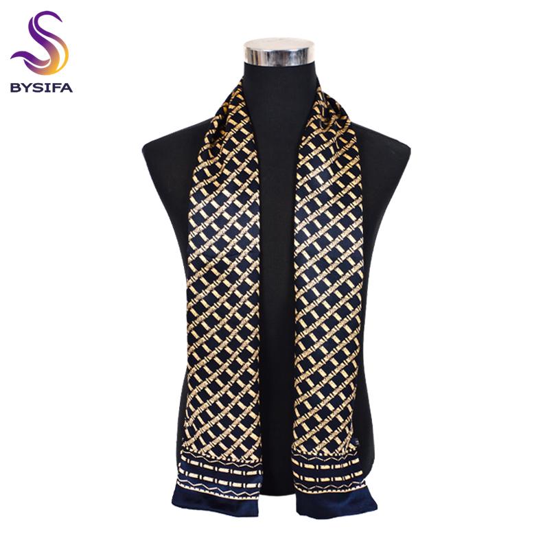 BYSIFA| New Silver Grey Man100% Silk Scarf Printed Fashion Brand Male Long Scarves Men Scarf Fall Winter Pure Silk Scarf160*26cm