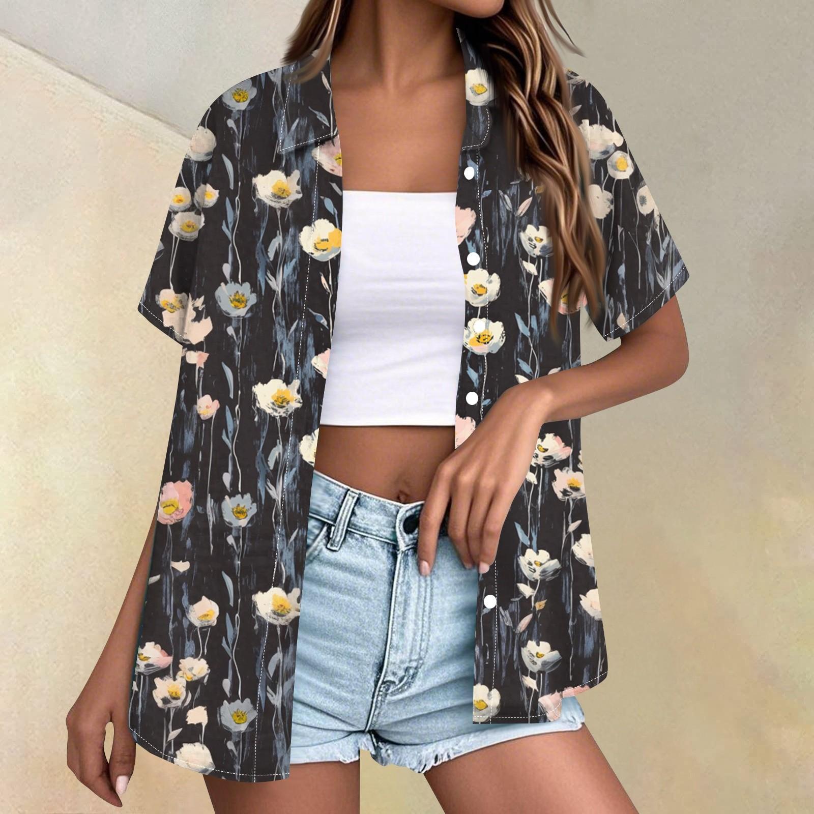 

Жіноча модна повсякденна сорочка з короткими рукавами і ґудзиками XL чорний