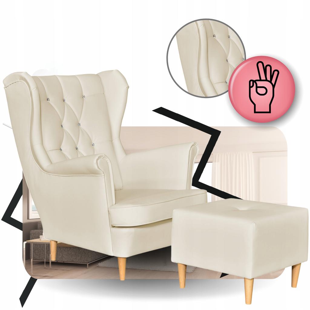 Armchair Uszak Eco Leather Gaja with Footrest Scandinavian Family Furniture Beige Cream