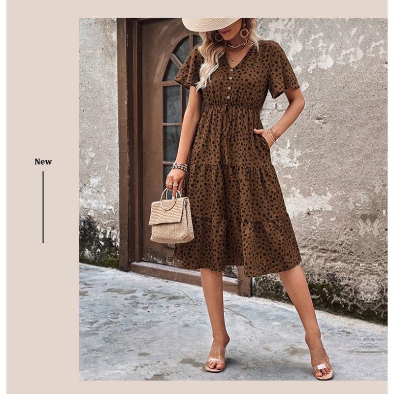 Summer casual vacation fashionable short-sleeved leopard print dress