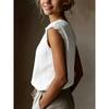 Womens Retro Loose Round Neck Solid Color Lace Splicing Sleeveless Linen Shirt