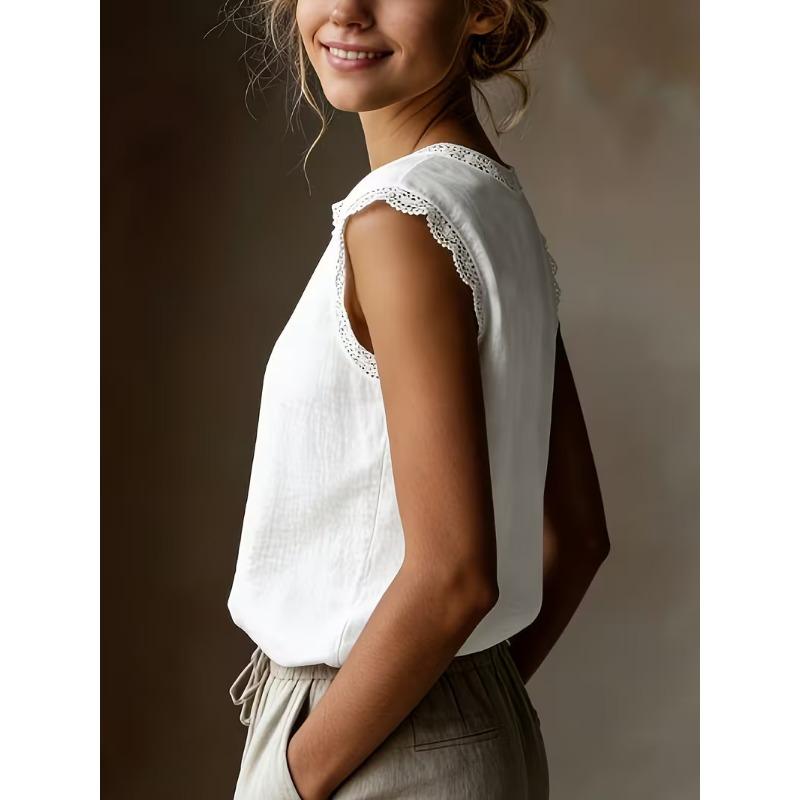Womens Retro Loose Round Neck Solid Color Lace Splicing Sleeveless Linen Shirt