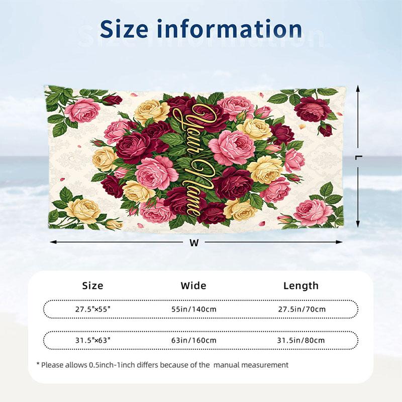 Roses Elegance Theme Quick Dry Beach Towel Custom Name Text Print Large Sand Resistant Towel Beach Vacation