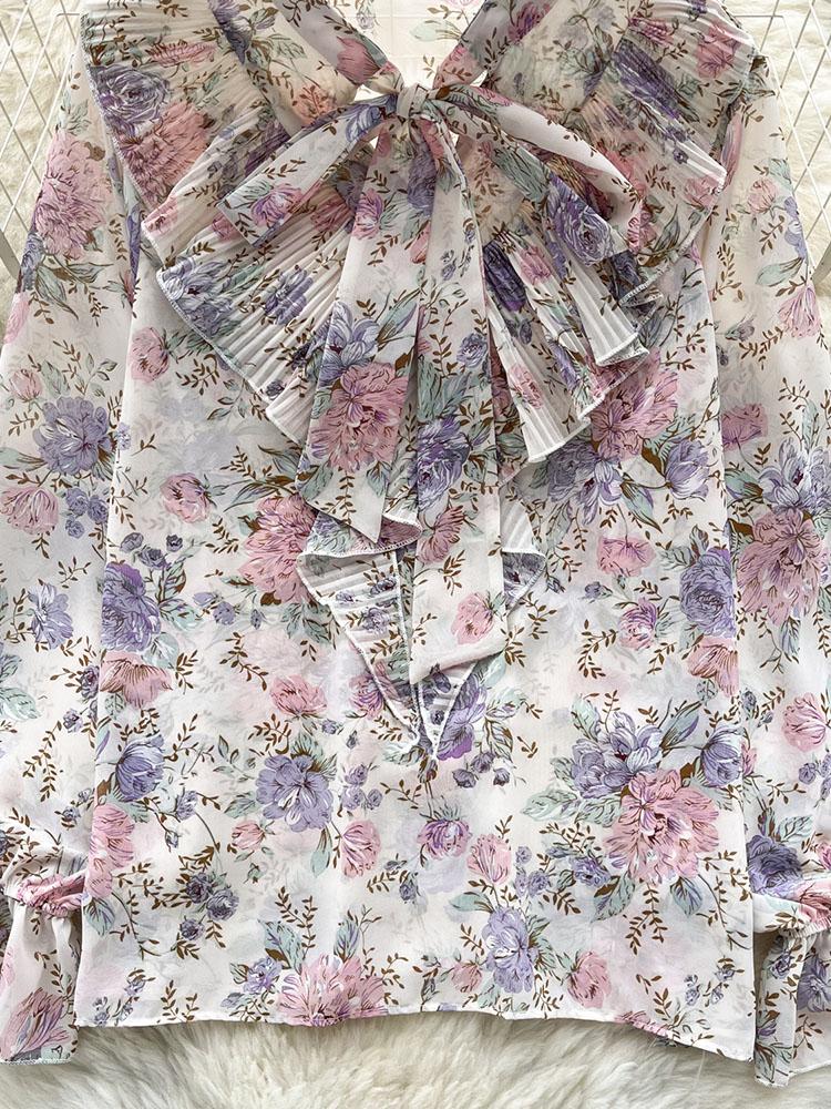 Damen Frühlingsbluse Elegantes Hemd mit Schleifenkragen Patchwork Plissierter Rüschenrand Slim Fit Oberteile Französischer Stil Puffärmel Lässige Bluse